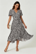 Floral Print Midi Wrap Dress In Black