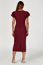 Volume Sleeve Bodycon Midi Dress In Burgundy
