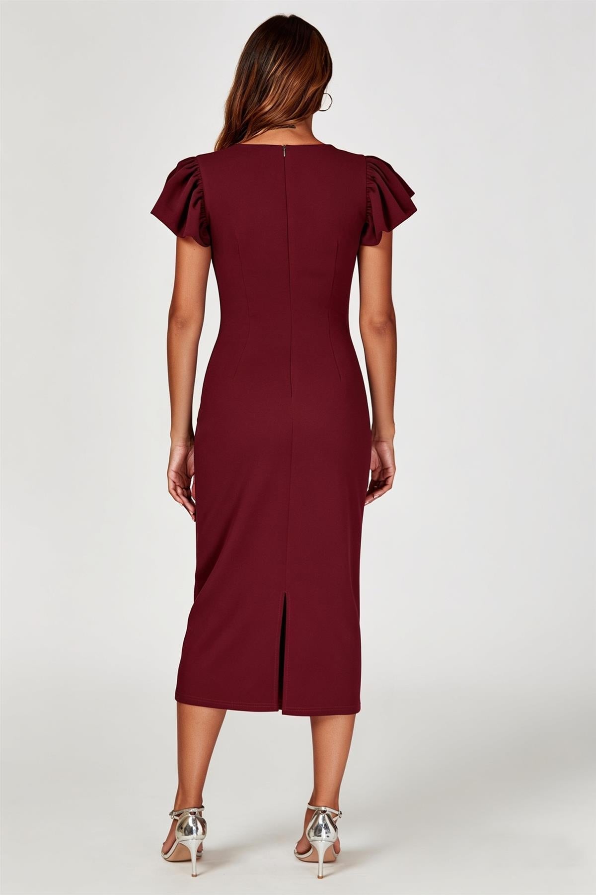 Volume Sleeve Bodycon Midi Dress In Burgundy