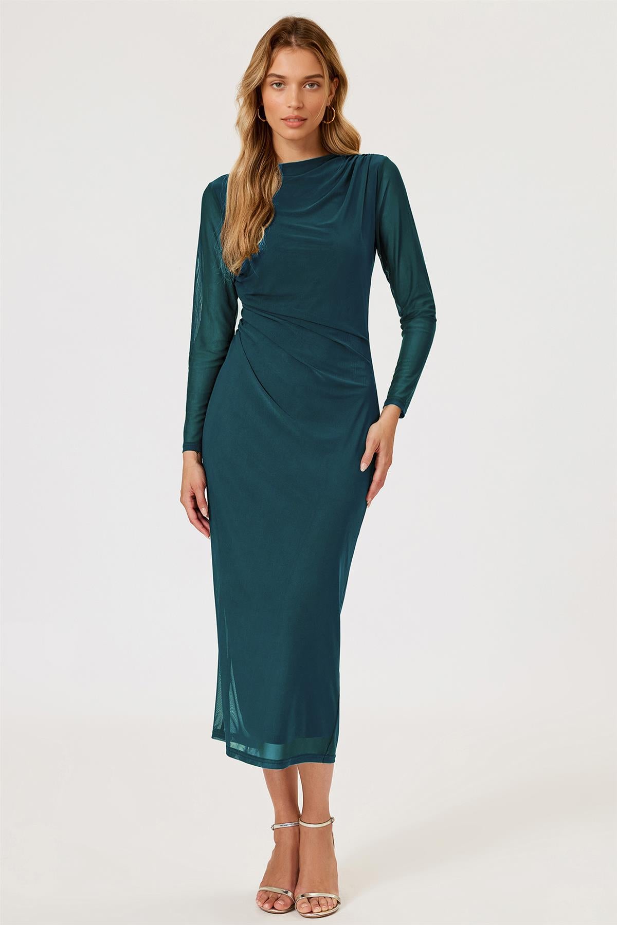 Long Sleeves Mesh Midi Dress In Teal
