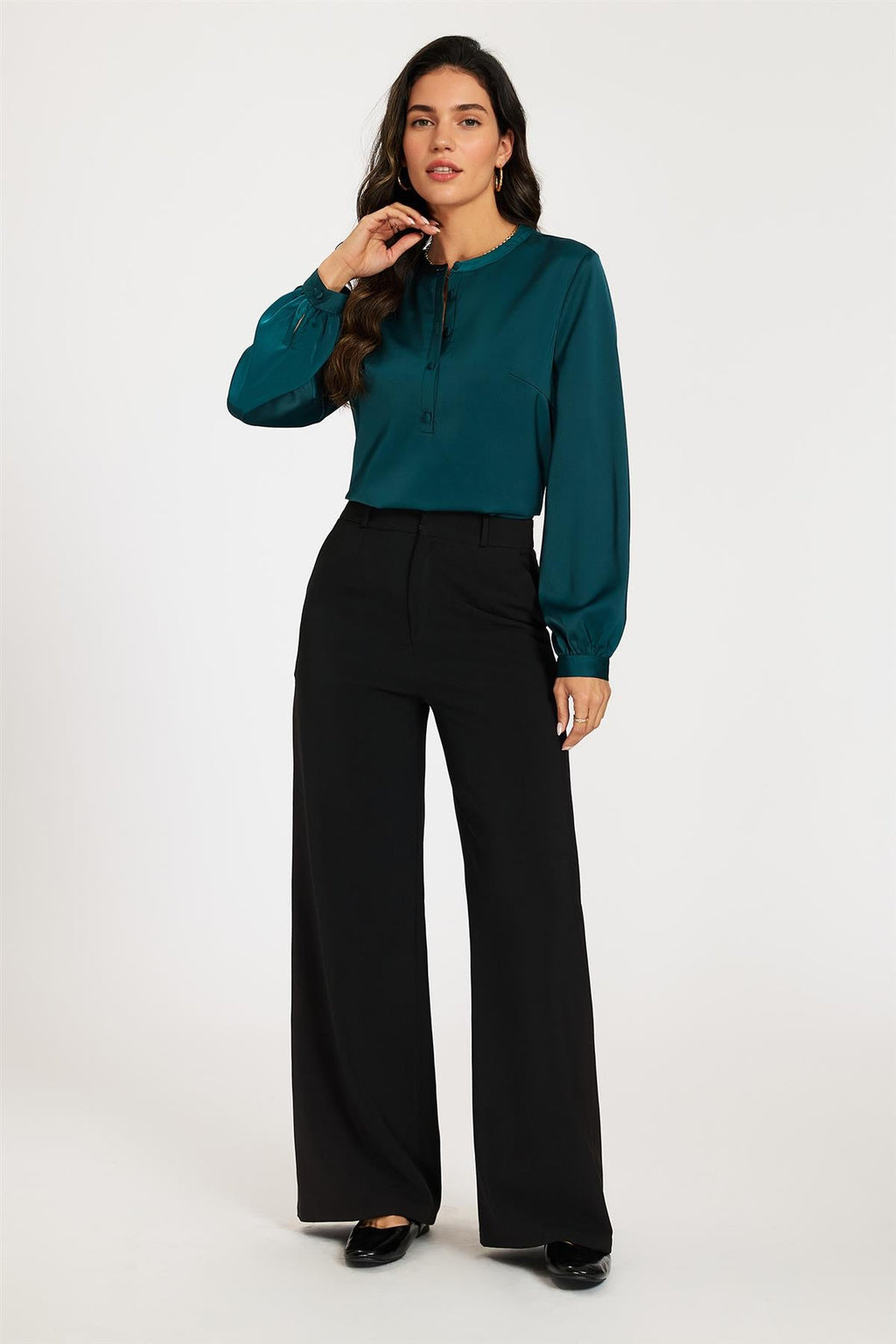 Long Sleeve Satin Blouse Top In Teal