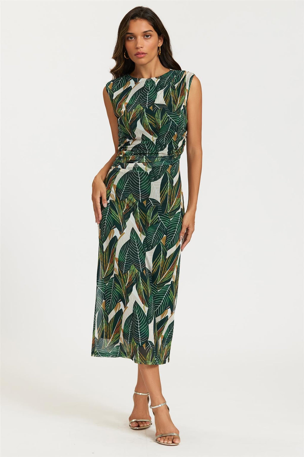Leaf Print Mesh Maxi Dress In Green