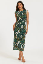 Leaf Print Mesh Maxi Dress In Green