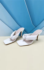 Woven Pattern Knot Toe Thong High Heeled Mule Sandal In White