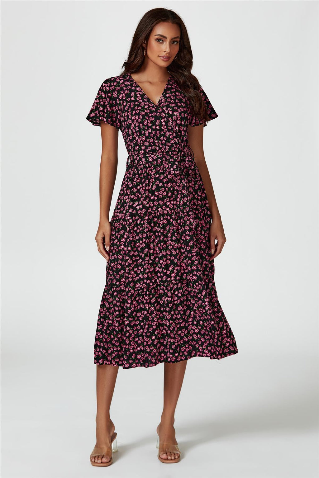 Pink Floral Print Wrap Midi Dress In Black