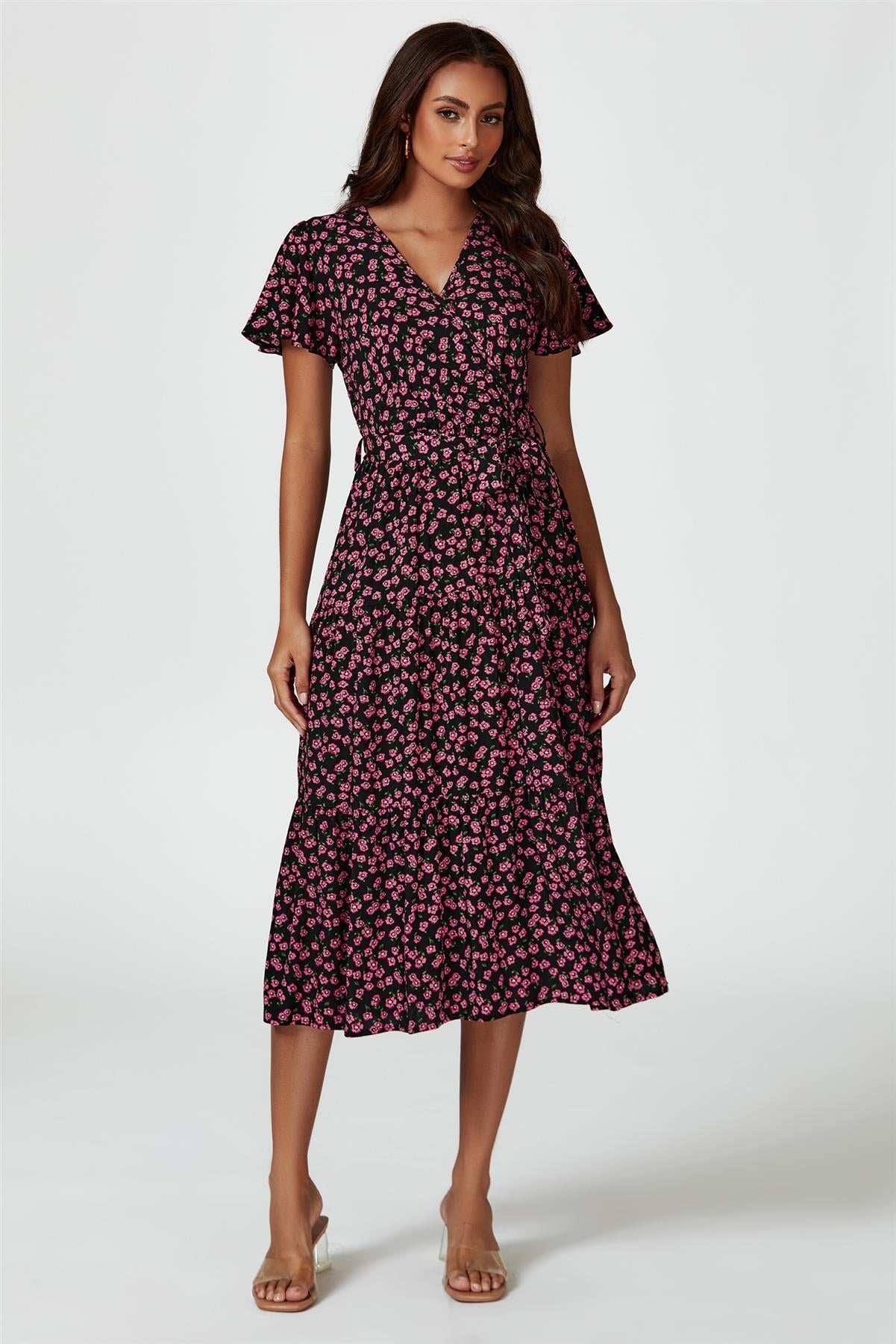 Pink Floral Print Wrap Midi Dress In Black