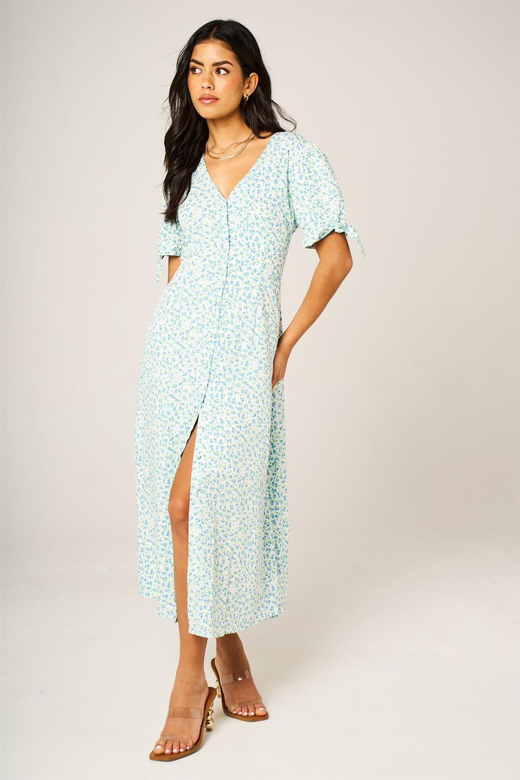 Green Blue Floral Print Button Front Tie Sleeve Midi Dress In White