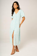 Green Blue Floral Print Button Front Tie Sleeve Midi Dress In White