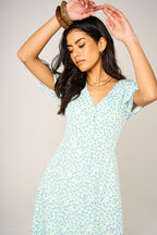 Green Blue Floral Print Button Front Tie Sleeve Midi Dress In White
