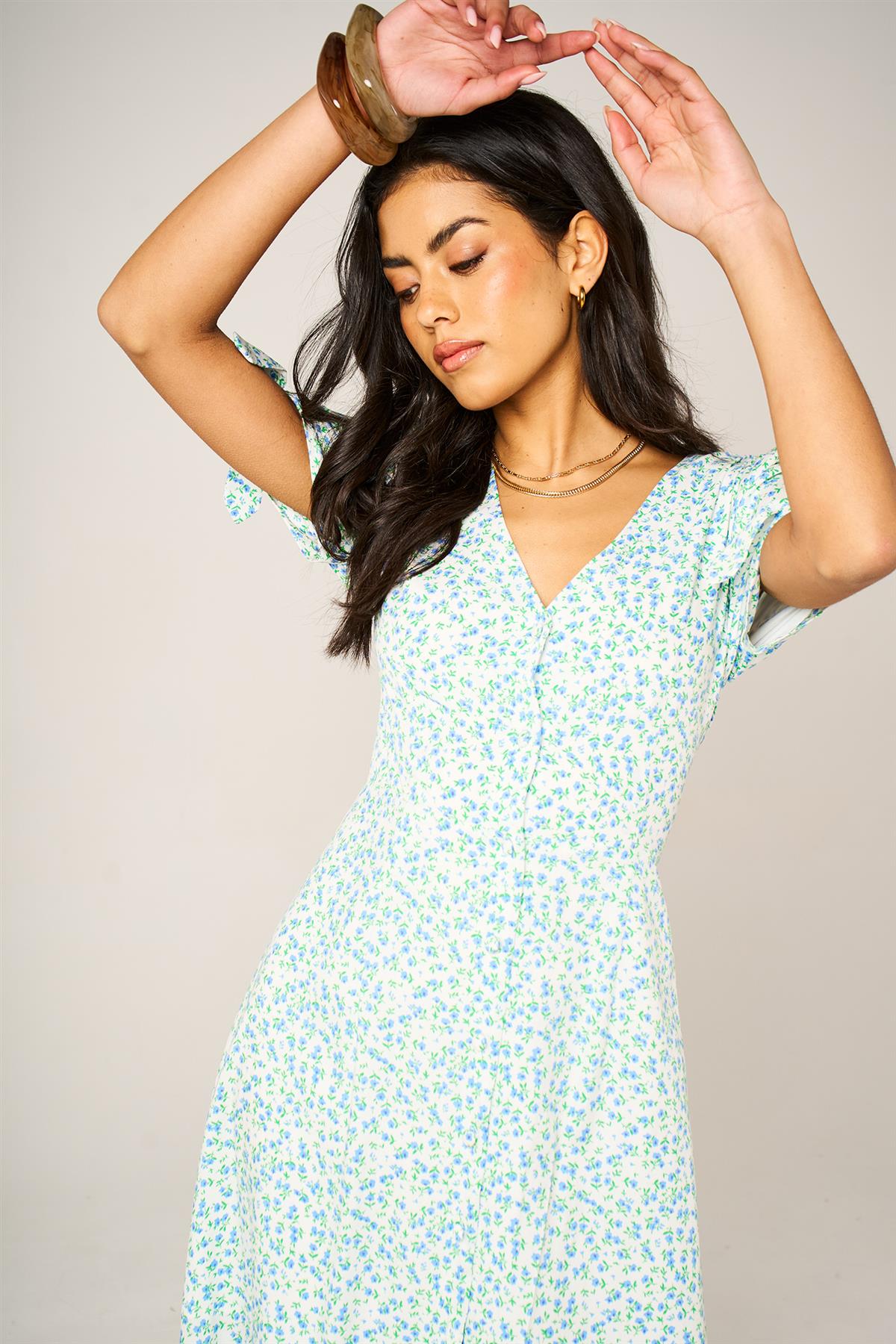 Green Blue Floral Print Button Front Tie Sleeve Midi Dress In White