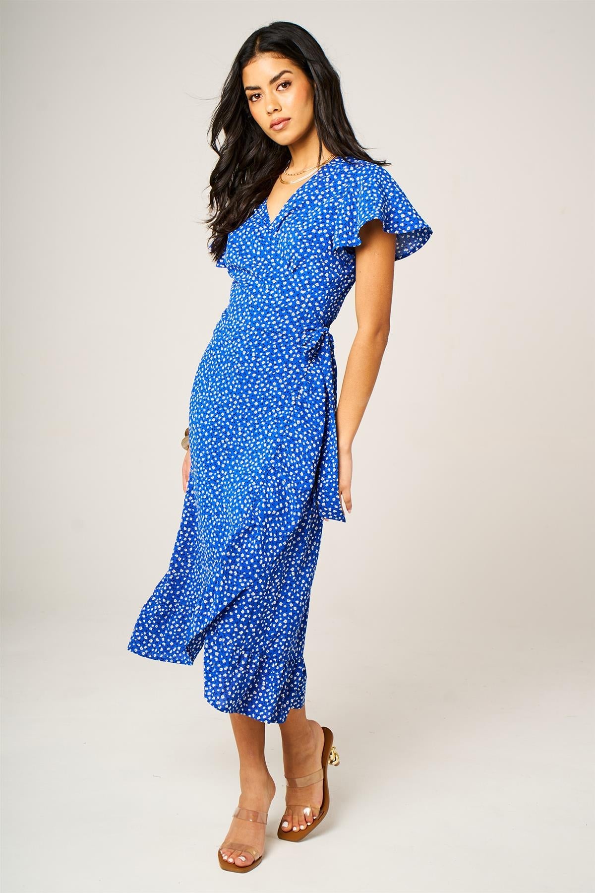 Hem Frill Detail Little Floral Print Wrap Dress In Blue