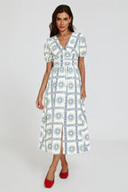 Geo Print Midi V neckline Dress In White