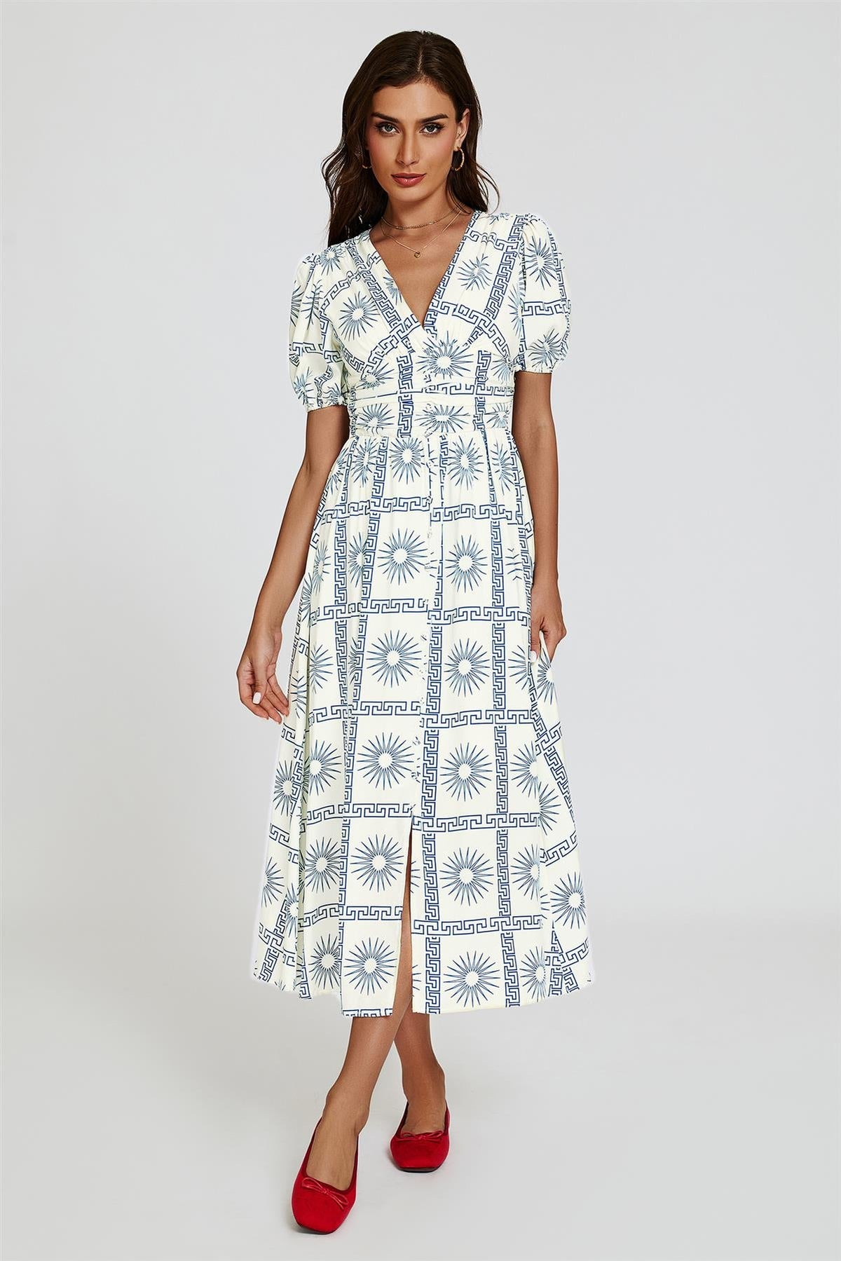 Geo Print Midi V neckline Dress In White