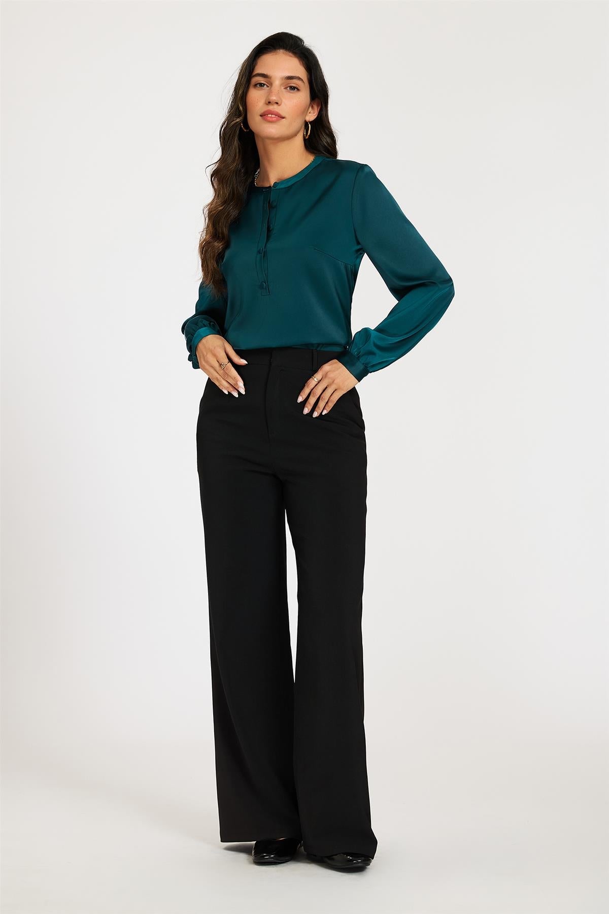 Long Sleeve Satin Blouse Top In Teal