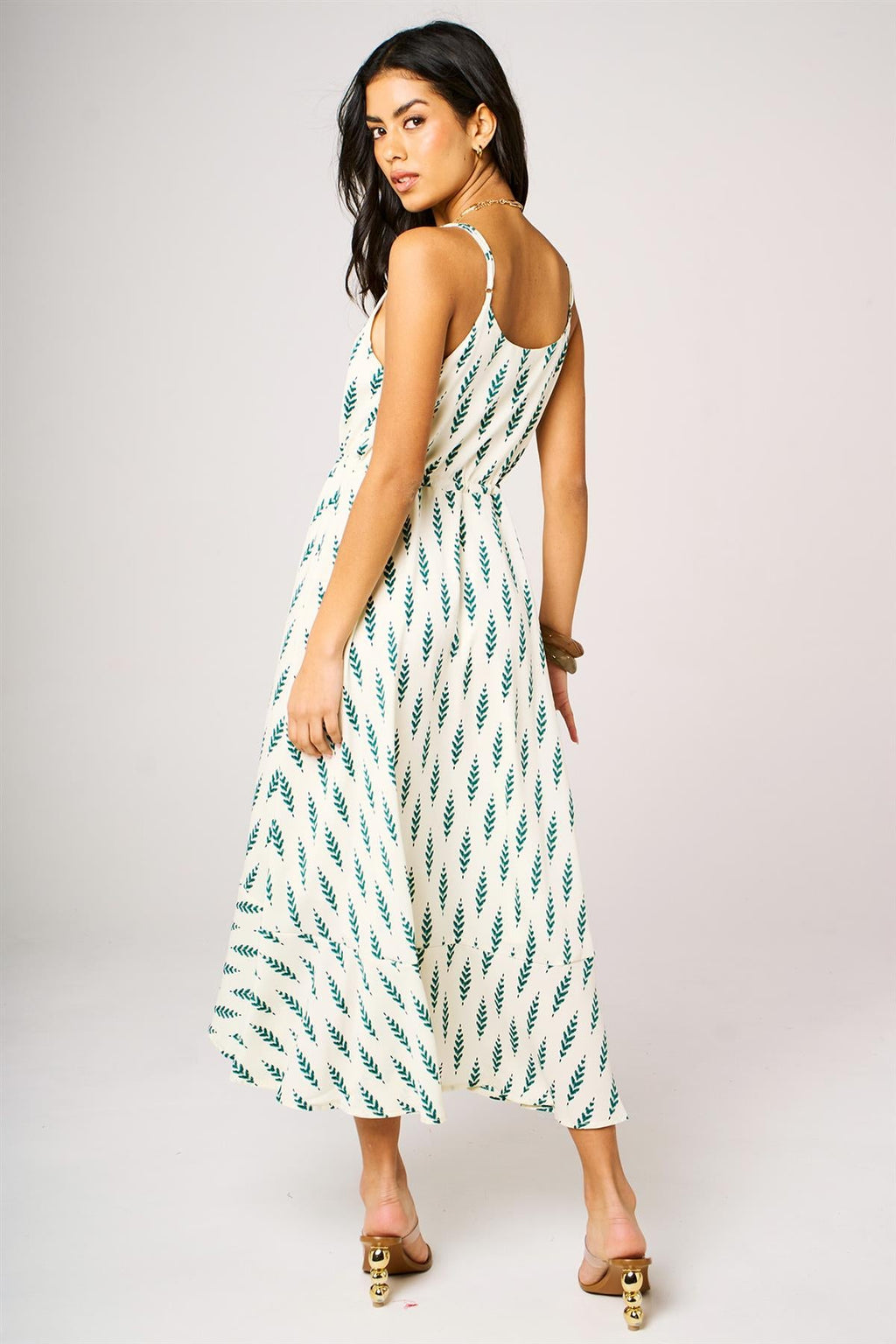 Green Leaf Print Button Down High Low Strappy Dress In White