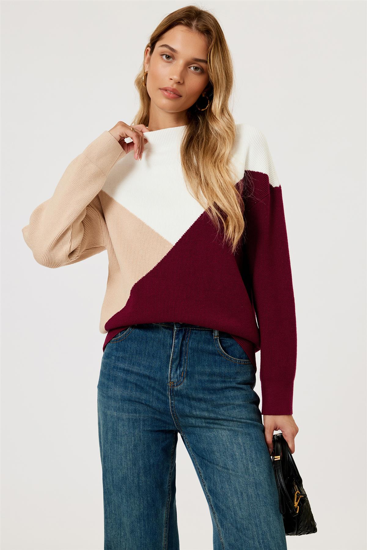 Colour Block Jumper Top In Camel & Wine & White