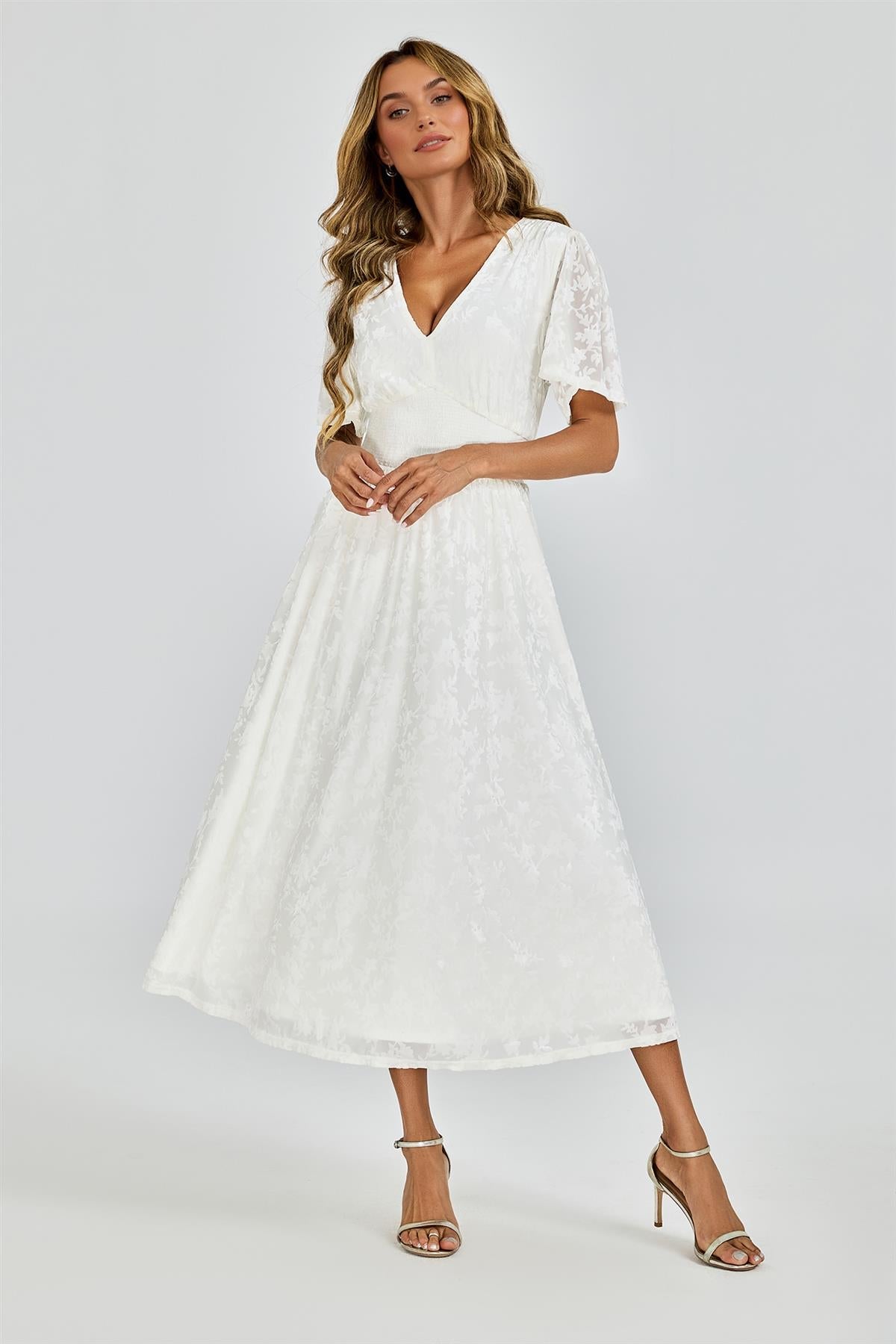Off White Velvet Burnout V-Neck Angel Sleeve Midi Dress