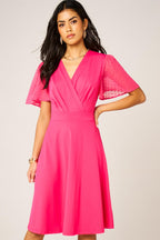 Angel Sleeve Pleated Detail Midi Dress In Hot Pink