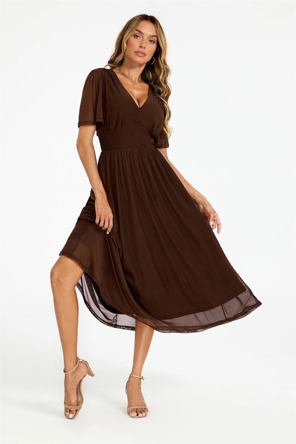 Flutter Sleeve Mesh Midi Dress In Brown