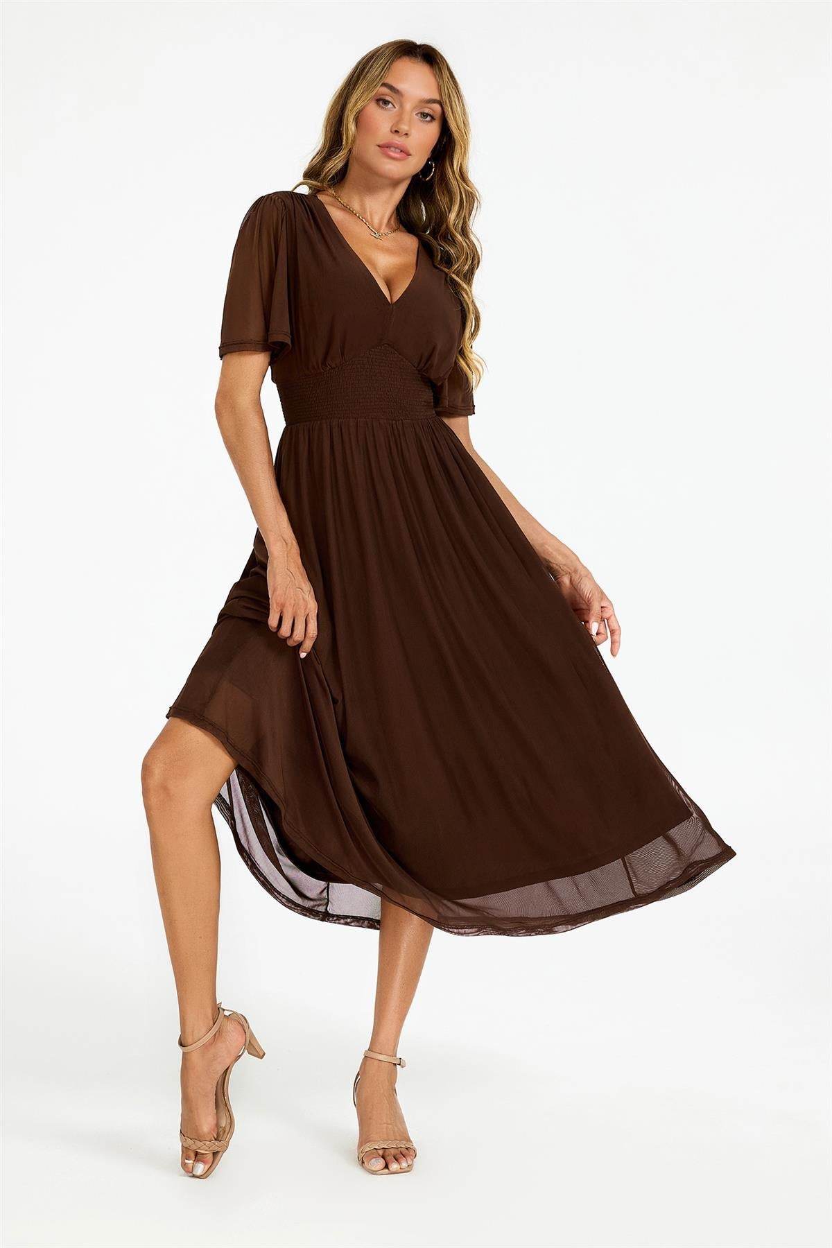 Flutter Sleeve Mesh Midi Dress In Brown