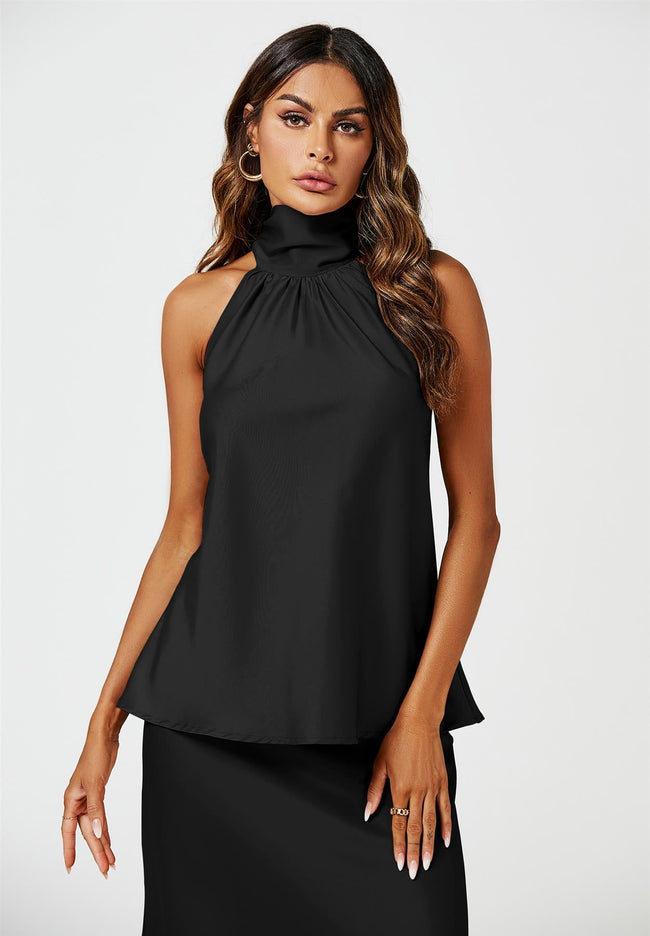 Top dos nu en satin noir à nouer dans le dos