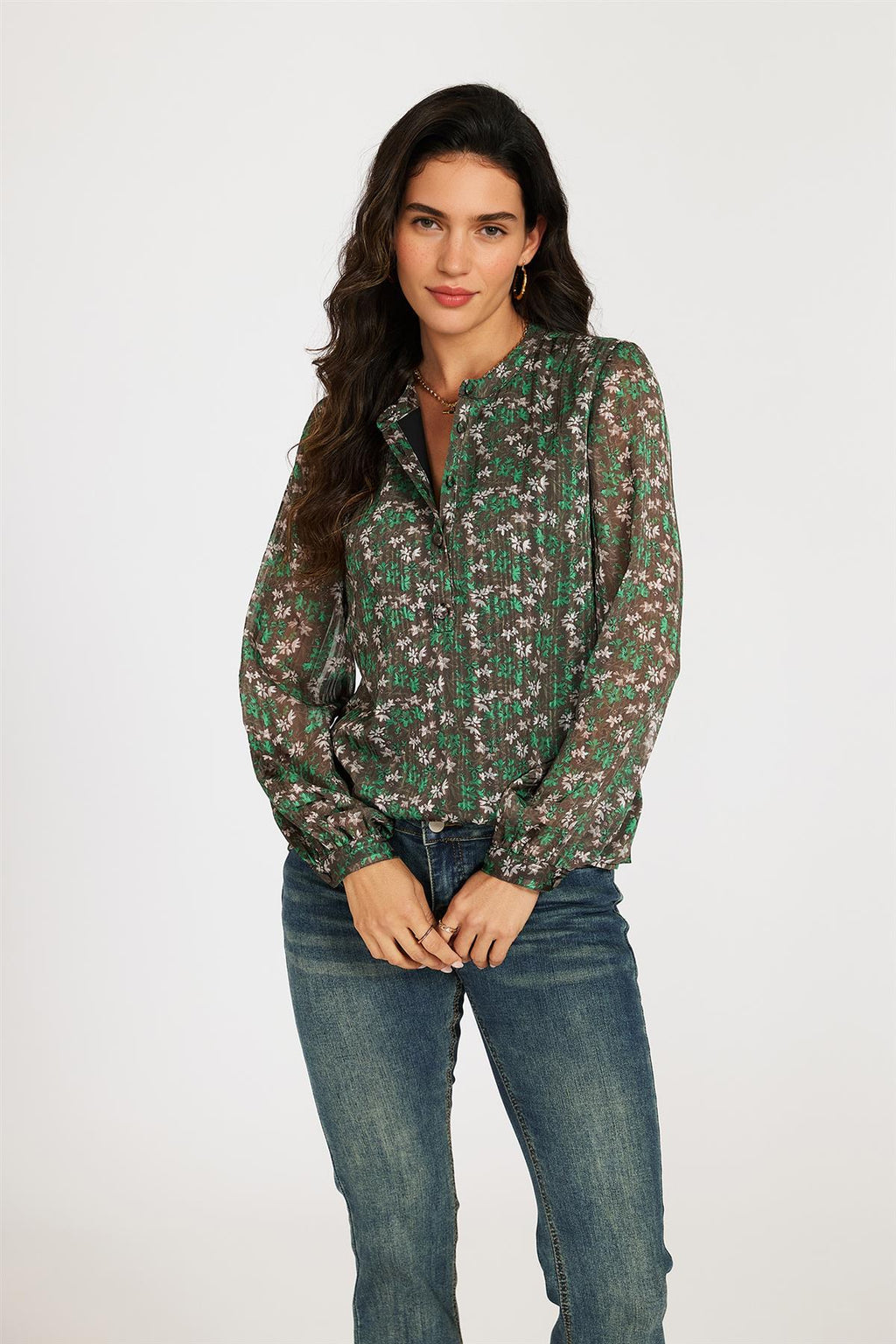 Silver Thread Print Long Sleeve Sheer Blouse In Brown