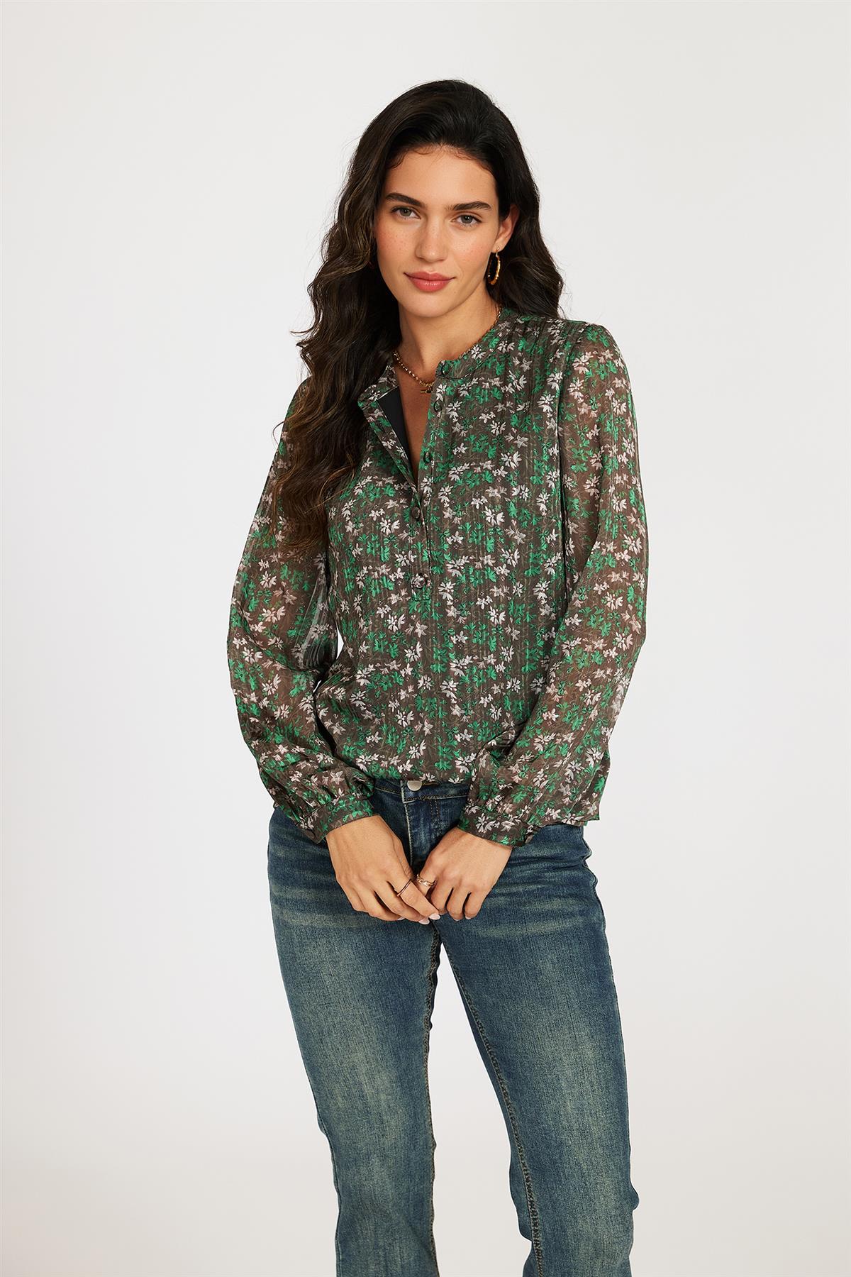 Silver Thread Print Long Sleeve Sheer Blouse In Brown