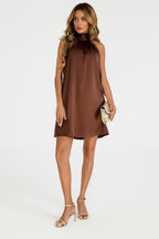 Satin Halter Neck Tie Back Mini Dress In Brown