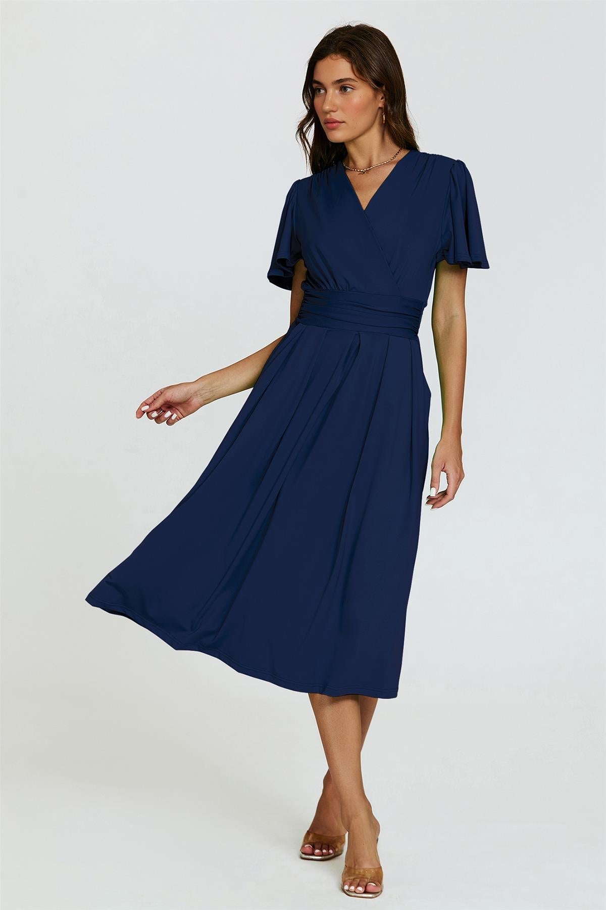 Angel Sleeve Jersey Midi Dress In Navy