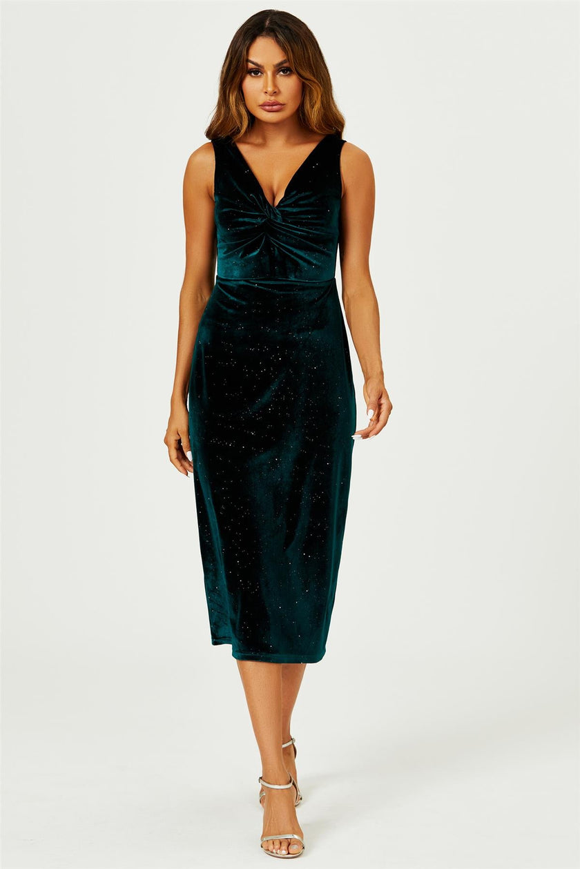 Robe midi vert émeraude en velours scintillant argenté avec nœud sur le devant