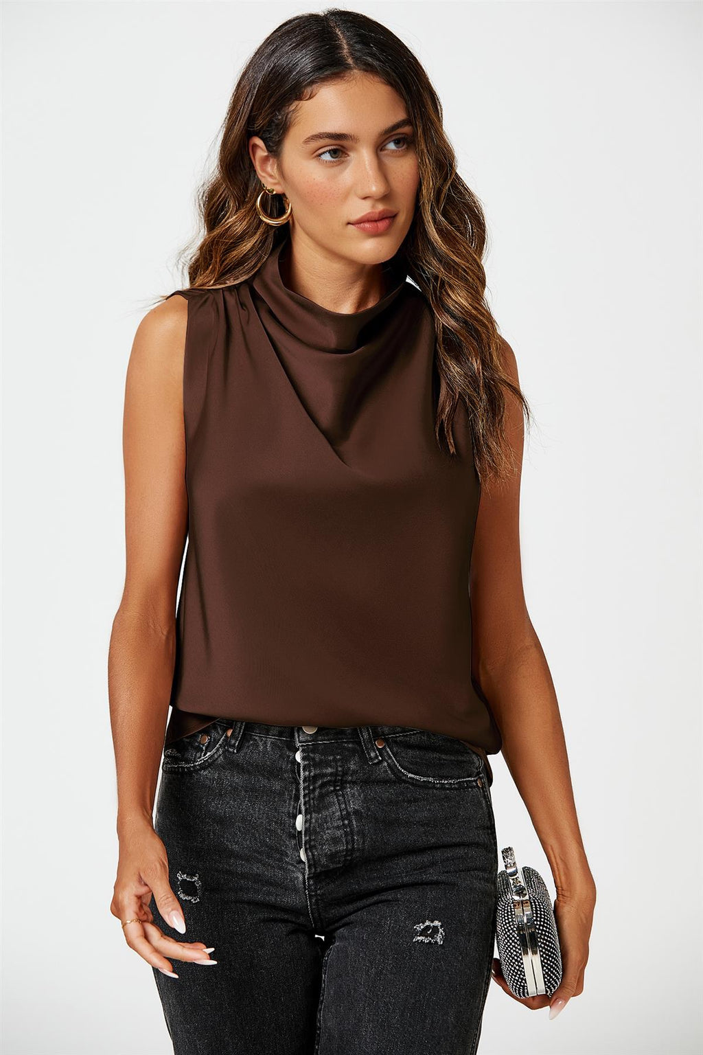 Satin High Neck Sleeveless Blouse In Brown