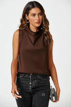 Satin High Neck Sleeveless Blouse In Brown
