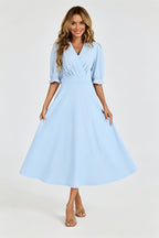 Half Sleeves Jersey Midi Dress with Wrap Neckline In Pale Blue