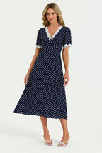 Lace Trim Dot Print Midi Dress In Navy