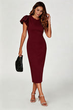 Volume Sleeve Bodycon Midi Dress In Burgundy