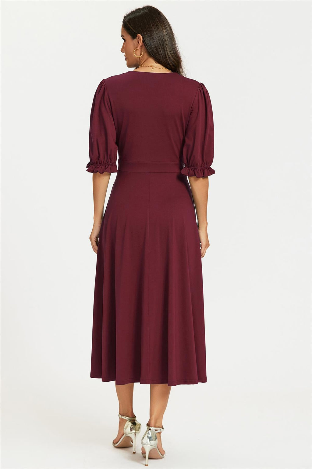 Half Sleeves Jersey Midi Dress with Wrap Neckline In Wine