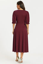 Half Sleeves Jersey Midi Dress with Wrap Neckline In Wine