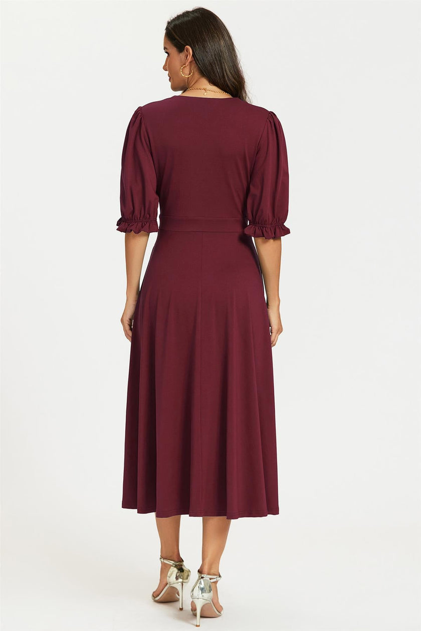 Half Sleeves Jersey Midi Dress with Wrap Neckline In Wine