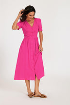 Button Front Short Sleeve Midi Dress In Hot Pink