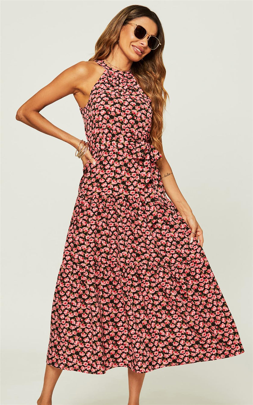 Robe longue à dos nu et imprimé floral rose