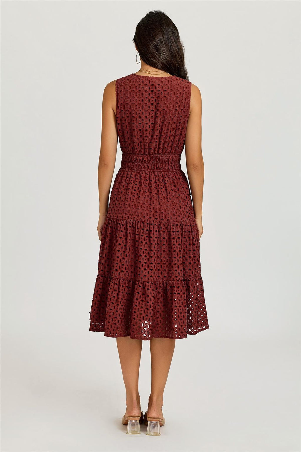 Sleeveless Broderie Anglaise Midi Dress In Rust