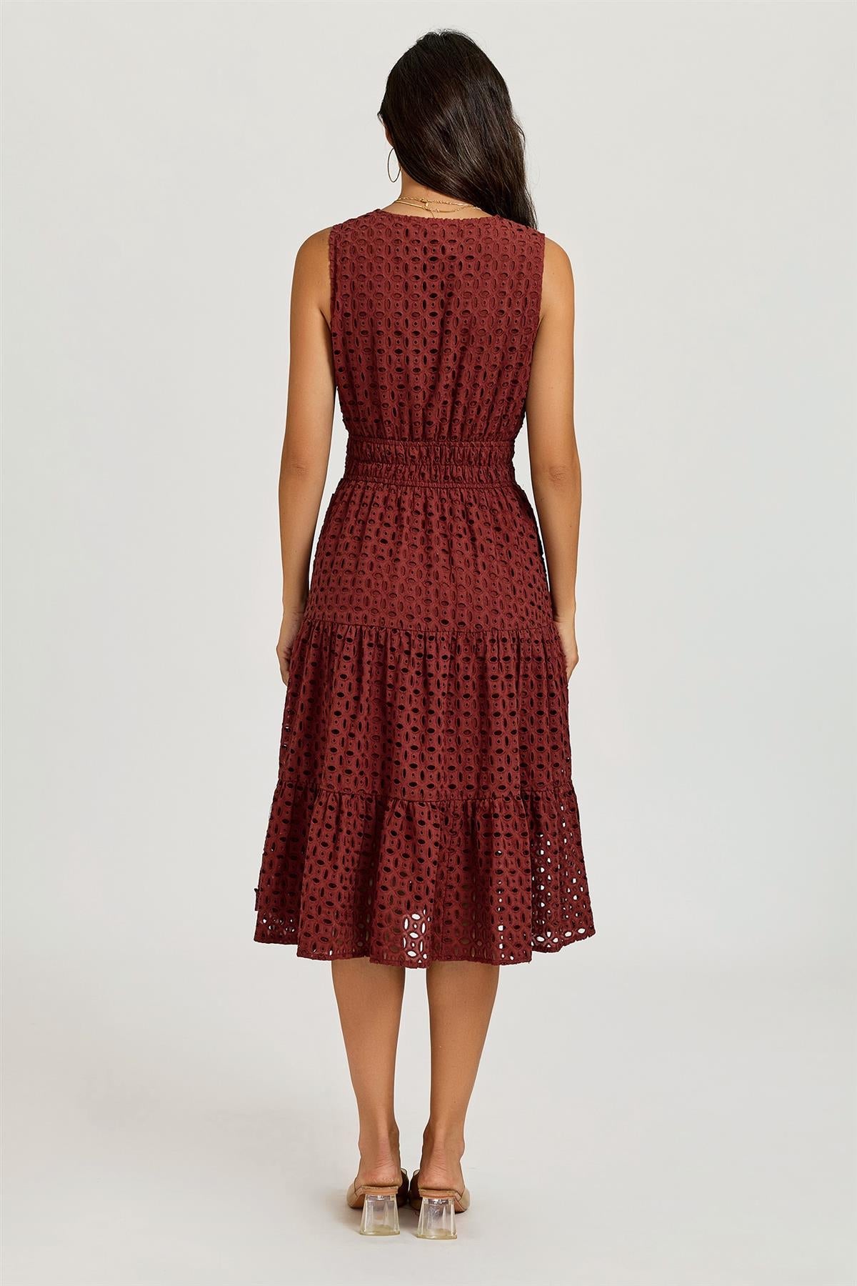 Sleeveless Broderie Anglaise Midi Dress In Rust