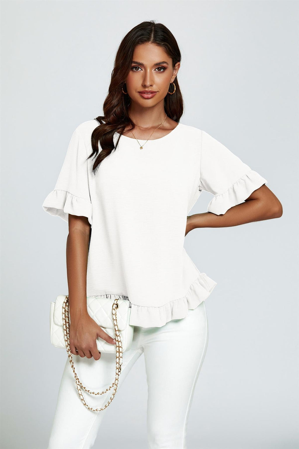 Frill Detail Short Sleeves Top In White