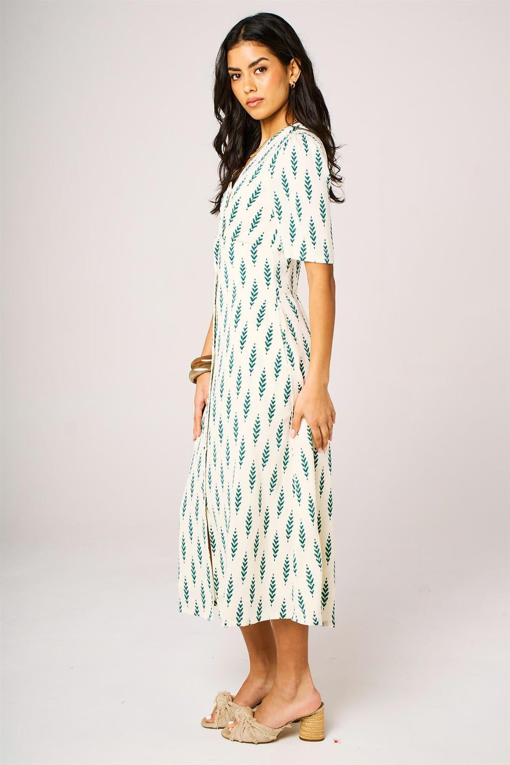 Green Leaf Print Button Front Midi Dress In White