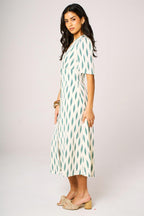 Green Leaf Print Button Front Midi Dress In White