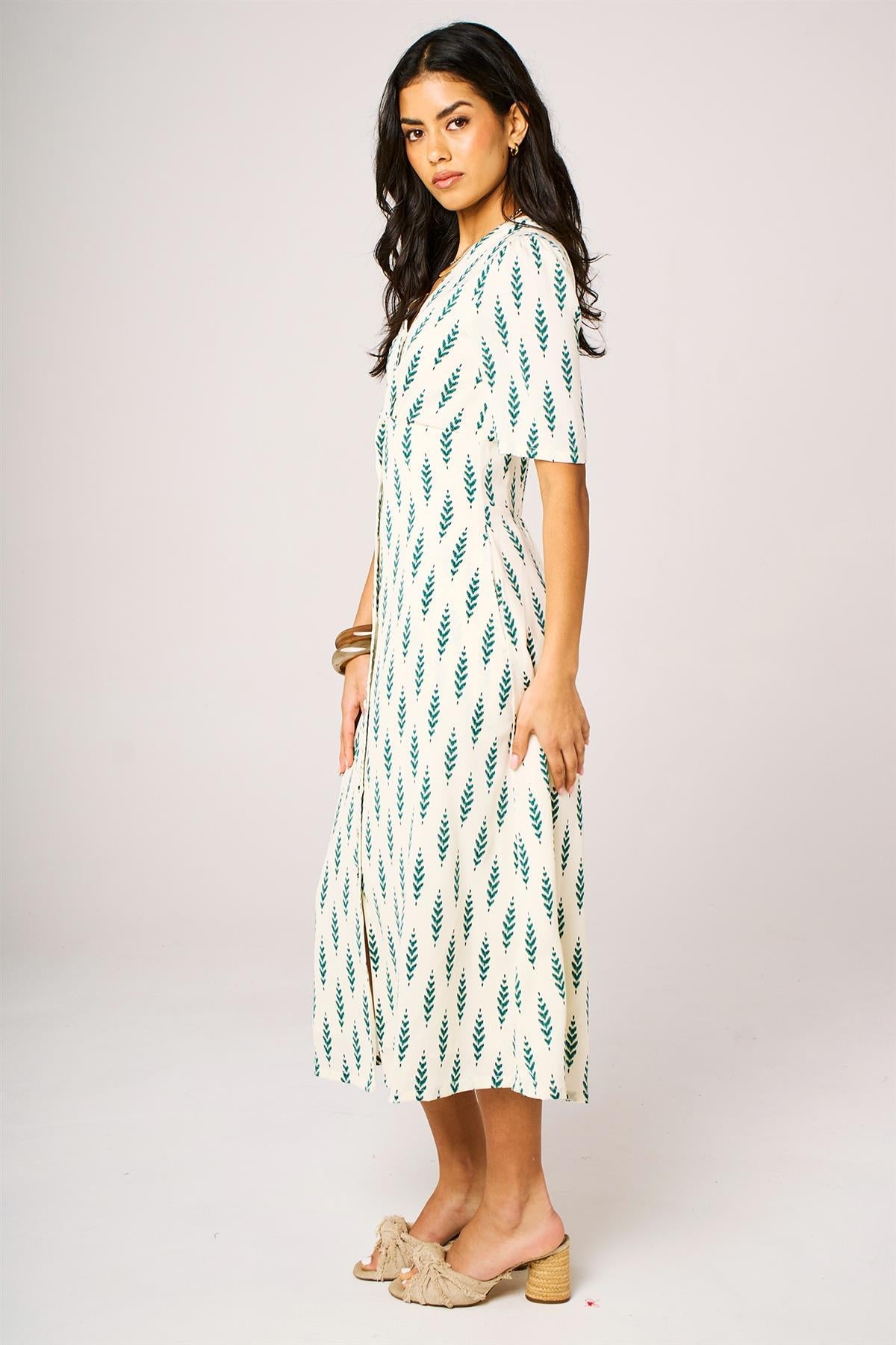 Green Leaf Print Button Front Midi Dress In White