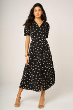 Dot Print Button Front Midi Dress In Black With Puff Sleeves