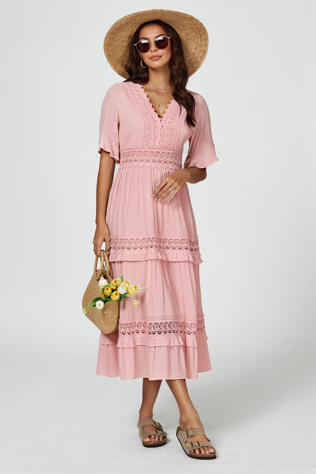V Neck Lace Detail Midi Dress In Rose Nude