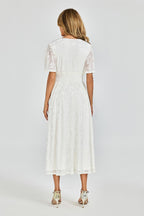 Off White Velvet Burnout V-Neck Angel Sleeve Midi Dress