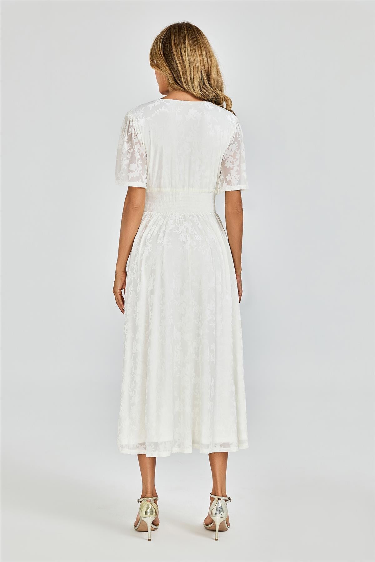 Off White Velvet Burnout V-Neck Angel Sleeve Midi Dress